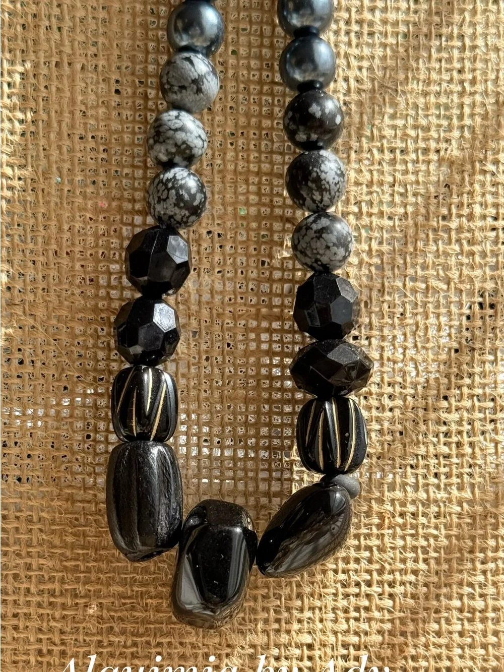 HIGH SUMMER + Black Faceted & Textured Beaded Necklace snowflake obsidian